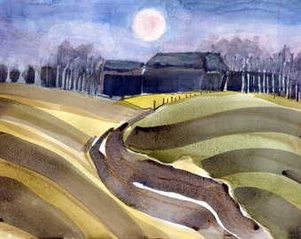 Watercolour Landscape, Supermoon Dusk, Contemporary Art, Fine Art Painting, Yorkshire Painting, ElizabethAFox, 42 x 29 cm