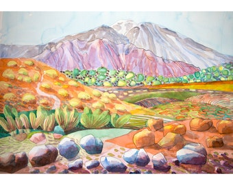 Teide Hochebene, Teneriffa, Aquarell Malerei, Vulkan Teide, Originale Malerei, Elizabetha Fox