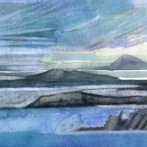 Belle arti, pittura islandese, LAGO MYVATN, acquerello originale, pittura contemporanea, pittura di paesaggio