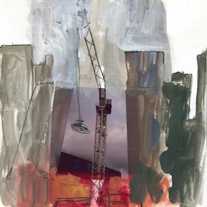 Sorti de nulle part - La grue, Art original, Peinture à l’aquarelle, Paysage urbain