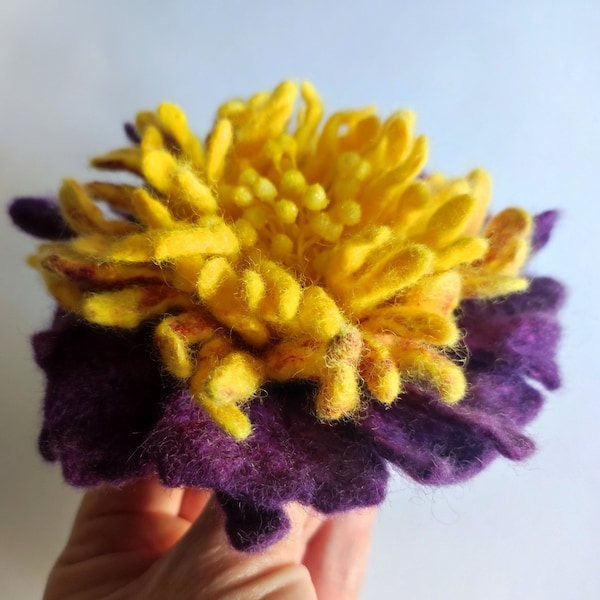 Brooch/pin "Felted flower" Tops made of natural felted wool and viscose, wool flower on a dress, jacket or coat.