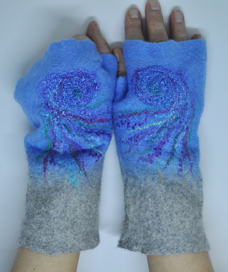 Felted mittens,fingerless mittens,fingerless gloves,wool mittens,long gloves, hand made,cozy woolen hand warmers. image 1