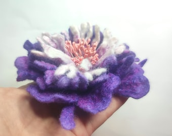 Brooch Felted flower made of natural felted wool and viscose, woolen flower on a dress, jacket or coat.