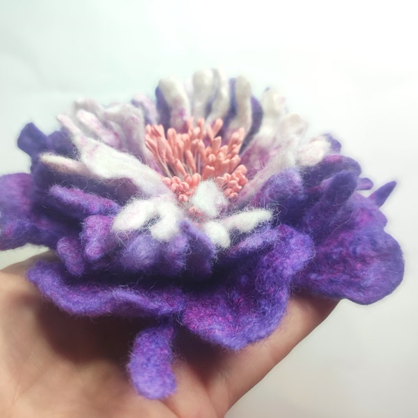 Brooch Felted flower made of natural felted wool and viscose, woolen flower on a dress, jacket or coat.