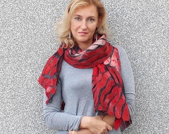 Nuno felted scarf. Wool and silk scarf. Red coral and black. Luxury scarf, Silk wrap.