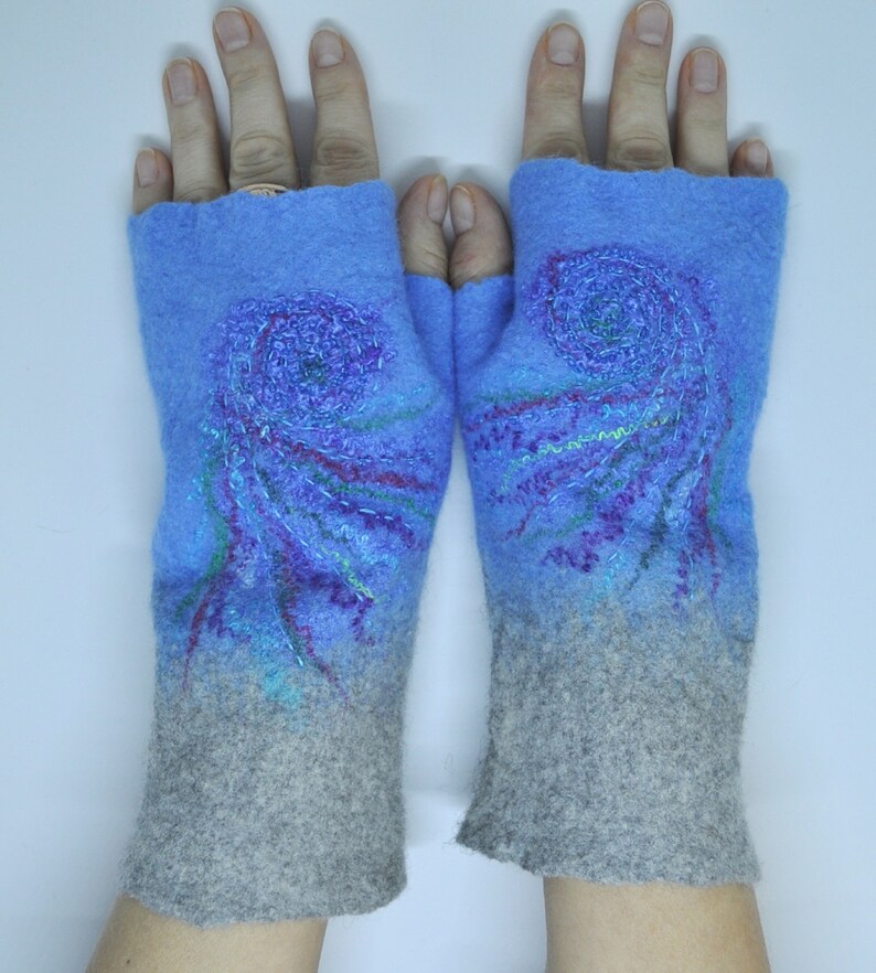 Felted mittens,fingerless mittens,fingerless gloves,wool mittens,long gloves, hand made,cozy woolen hand warmers. image 6