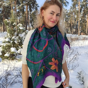 Colorful nuno Felted merino wool scarf, light and wet felt, emerald color winter scarf, great gift for woman.