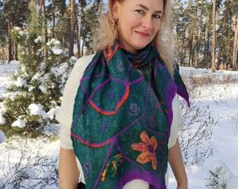 Colorful nuno Felted merino wool scarf, light and wet felt, emerald color winter scarf, great gift for woman.