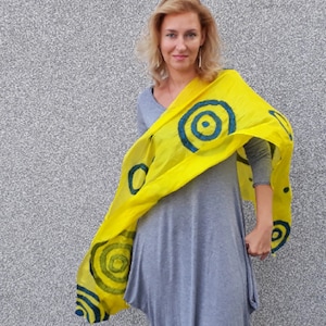 Nuno felted silk scarf, nuno felted shawl, felted scarf, yellow scarf, wrap scarf