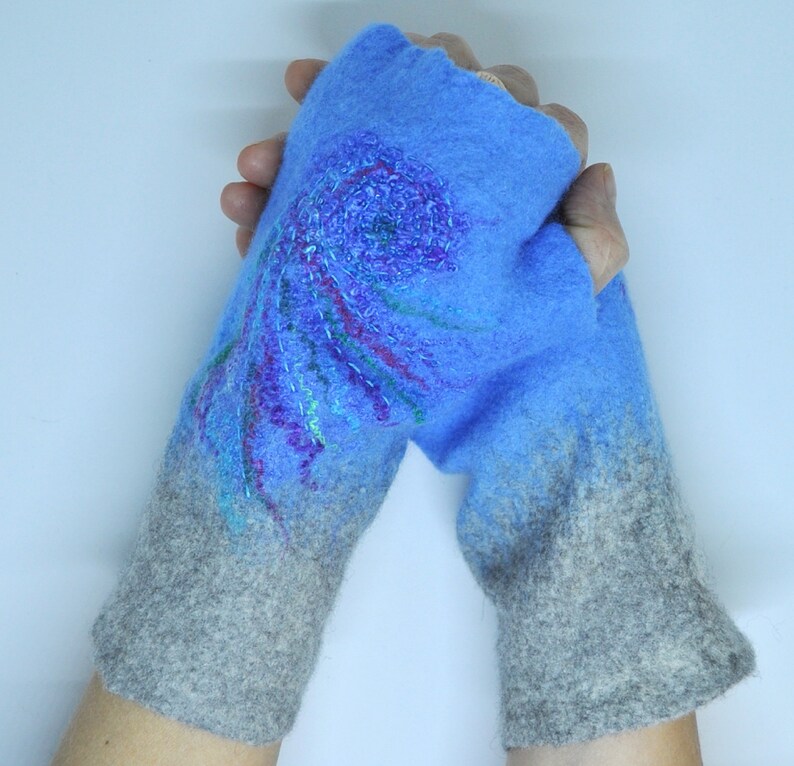 Felted mittens,fingerless mittens,fingerless gloves,wool mittens,long gloves, hand made,cozy woolen hand warmers. image 2