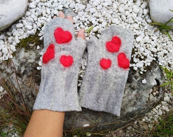 Hand felted mittens, arm warmer fingerless mittens grey with red hearts. Cozy wool arm warmers,Texting gloves, felt wool mittens.