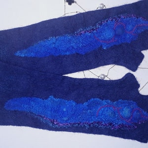 Hand felted mittens Long arm warmer fingerless mittens Navy blue bright blue and lilac colors Texting gloves