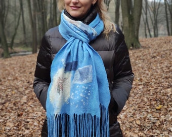 Felted wool scarf, nuno felt scarf, wool and silk scarf, women's scarf, felted scarf, blue scarf, warm winter gift for her.