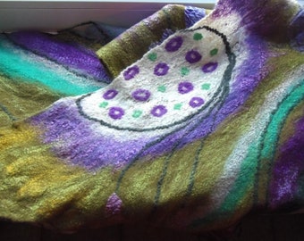 Felted Scarf made from Wool and Silk, scarf Purple Lilac Green Olive.
