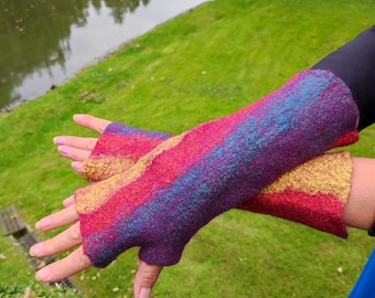 Bright handmade felted mittens, warm mittens. Cozy woolen hand warmers, texting gloves, wool felt mittens.