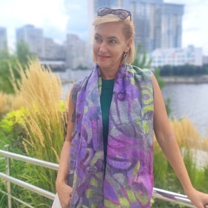Felted wool scarf Nuno felted scarf. Felted merino wool scarf Wet felted scarf. Green lilac-gray-lime color. Nuno merino wool shawl