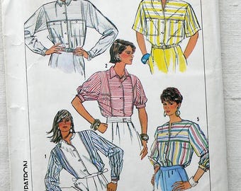 1980s striped big shirt sewing pattern, UNCUT Simplicity 7560, button down collarless or collared, sizes 12, 14, 16, bust 34 to 38 inches