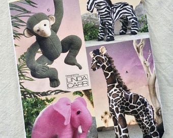 Stuffed Animals Monkey, Giraffe, Zebra, Elephant plushie sewing pattern, Vogue 8349 UNCUT, Linda Carr