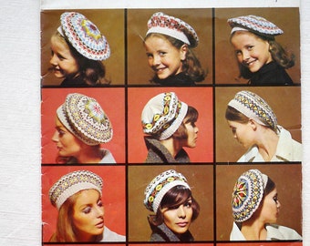 5 vintage beret patterns, Fair Isle tams knitting pattern leaflet, Patons SC104 DK wool, adult and child, Original pattern NOT PDF