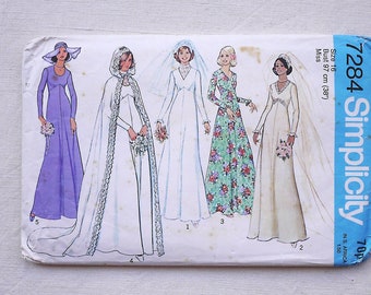Bride and Bridesmaid Dress sewing pattern, lace Dickey, size 16, bust 38 inches, empire line, Simplicity 7284, vintage 1970s wedding dress