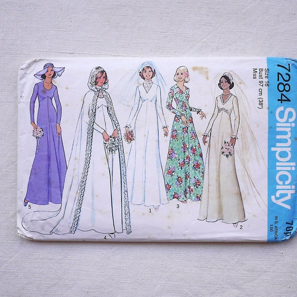 Bride and Bridesmaid Dress sewing pattern, lace Dickey, size 16, bust 38 inches, empire line, Simplicity 7284, vintage 1970s wedding dress