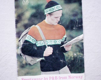 1950s Mans jumper and cap, woman’s hooded sweater, vintage Fair Isle knitting booklet, not PDF, Sportswear by P&B from Norway, stranded
