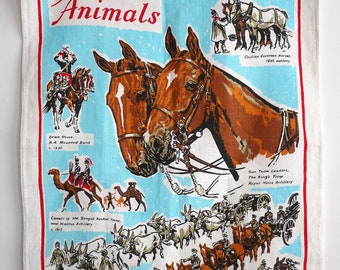 Gunner Animals, vintage Irish linen tea towel, horses, elephants and camels