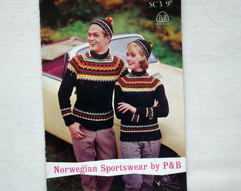 Norwegian Sportswear knitting pattern booklet by P&B SC3, vintage sweater and hat patterns, colourwork, man, woman, child, not PDF