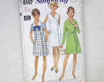 1960s dress pattern, 38inch bust, sleeveless, long or short sleeve, faux wrap front, Simplicity 8142