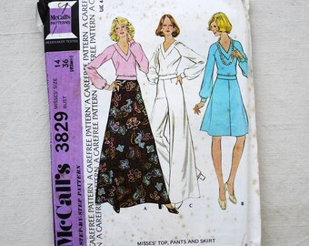 1973 Vintage Sewing Pattern: McCall's 3829, Size 14, Bell Sleeve Top, Long Skirt, Wide Leg Trousers