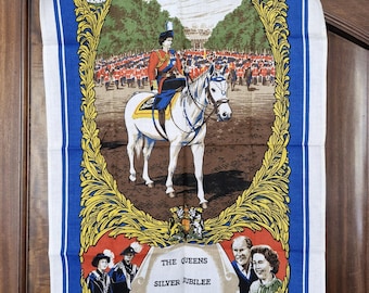 Queen’s Jubilee 1977 tea towel, UNUSED souvenir, Trooping of the Colour, horse, guards commemorative cloth