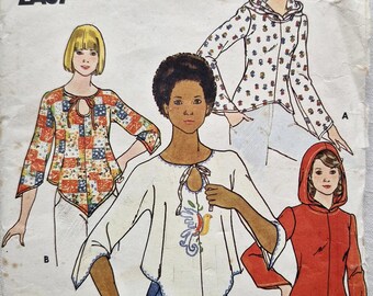1970s stretch knit top pattern, handkerchief hem, hood, shaped sleeves, Butterick 4203 fast and easy, size 14, bust 36”, two styles
