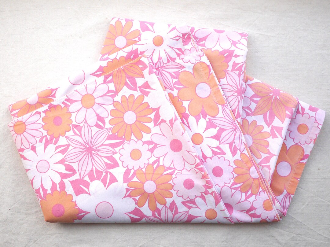 Vintage Floral Flat Sheet 1970s Pink and Orange Double Bed Etsy