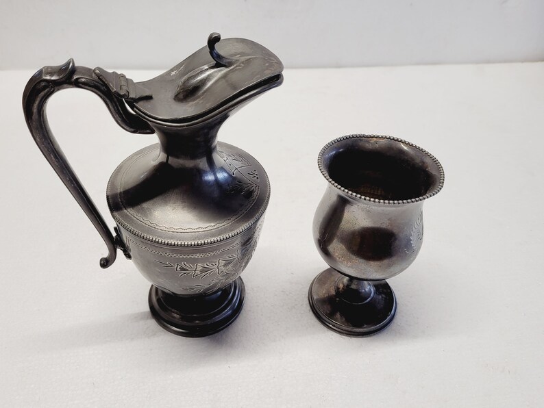 Vintage Pewter Engraved Wine Pitcher and Goblet Set | Etsy