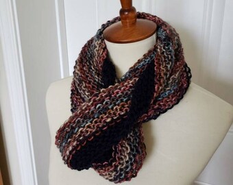 Handmade Knitted Infinity scarf -Blues and Tan -  Made in Vermont