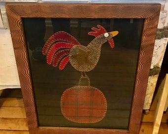 Rooster Felted Framed Art Pumpkin Hand Made Roosters Farmhouse Kitchen Decor Rustic Fall Country Cottage Primitive Folk Cabin Chickens