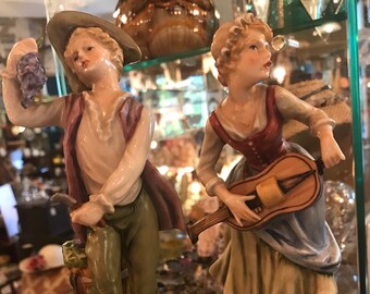 Vintage Goebel Bochmann Boy Grapes Girl Holding Violin Figurines Home Decor 1969 West Germany Figurines Antiques Cottage Farmhouse Collectib