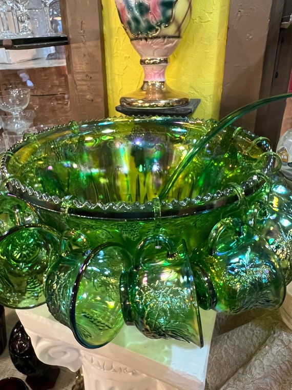 Indiana Glass Co Green Carnival Punch Bowl Set With Ladle 12 Cups & Hooks  Vintage Wedding Drink Station Bridal Shower Art Glass Leaf Vine 
