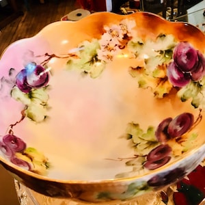 1900s Antique Hand Painted Limoges Punch Bowl Scalloped Artist Signed l France Grape Scene T V Tressemann & Vogt 10 1/2 inches Flowers