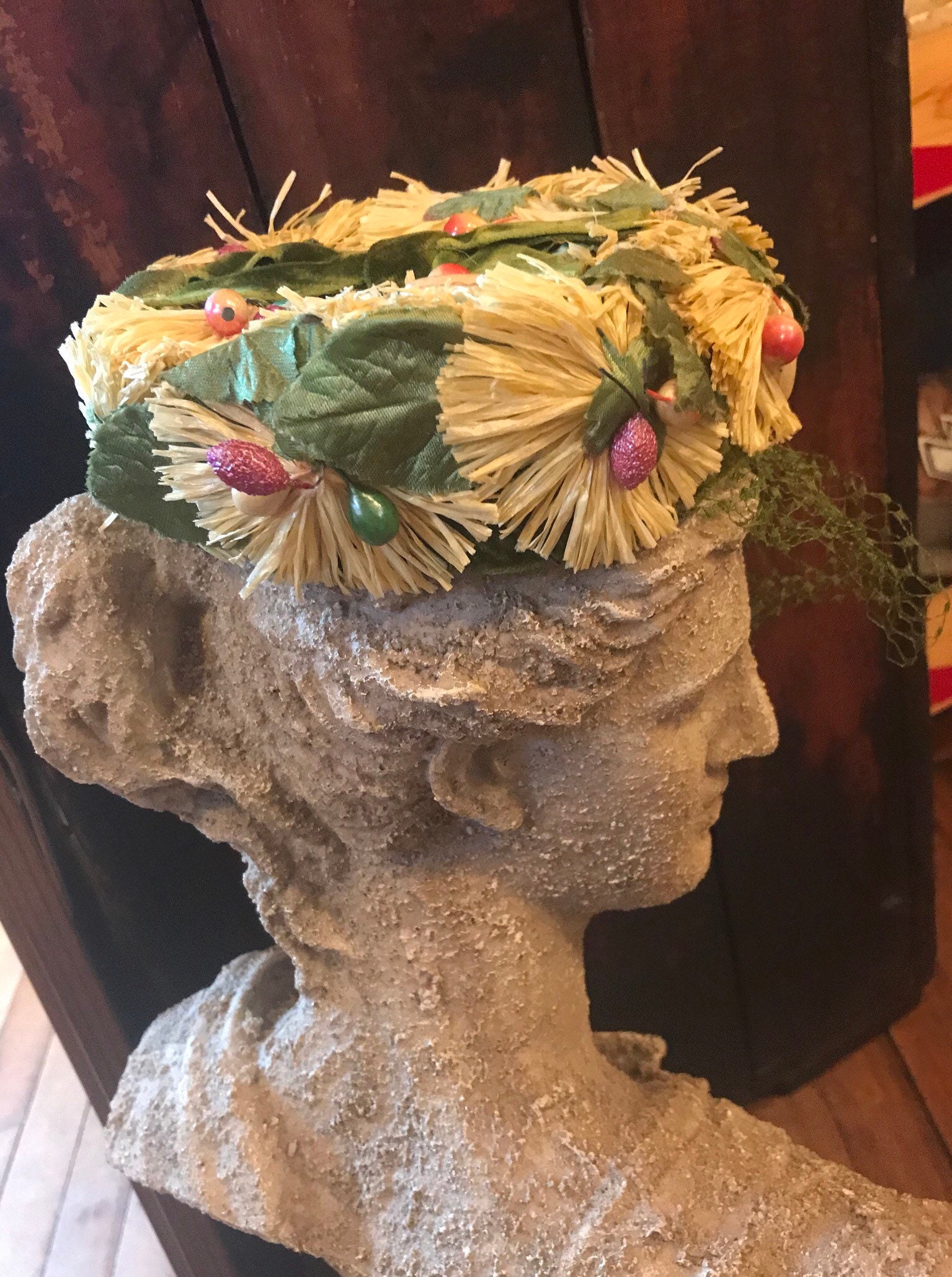 1960s Raffia Pillbox Hat With Netting and Faux Berries 