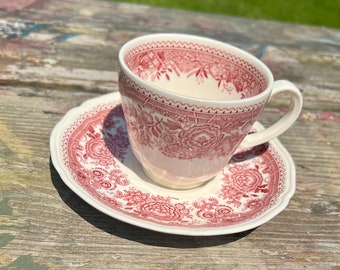 Vintage Villeroy & Boch Tea Cup And Saucer Set Red Transferware Flowers Castles  Cups Saucers Mix Match China Germany Wedding Bridal Shower
