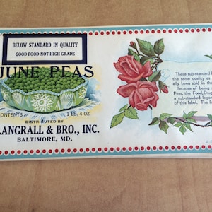 June Peas Antique Vintage Old New Stock Canning label J. Langrall & Bro., Inc. Baltimore Maryland Decoupage Crafting Supplies Home Decor