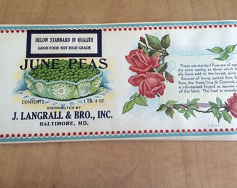 June Peas Antique Vintage Old New Stock Canning label J. Langrall & Bro., Inc. Baltimore Maryland Decoupage Crafting Supplies Home Decor