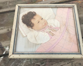 Victorian Mourning Memorial Framed Baby Picture w/real hair Nursery Decor Antique Child’s Art Girl Satin Lace Babies Children