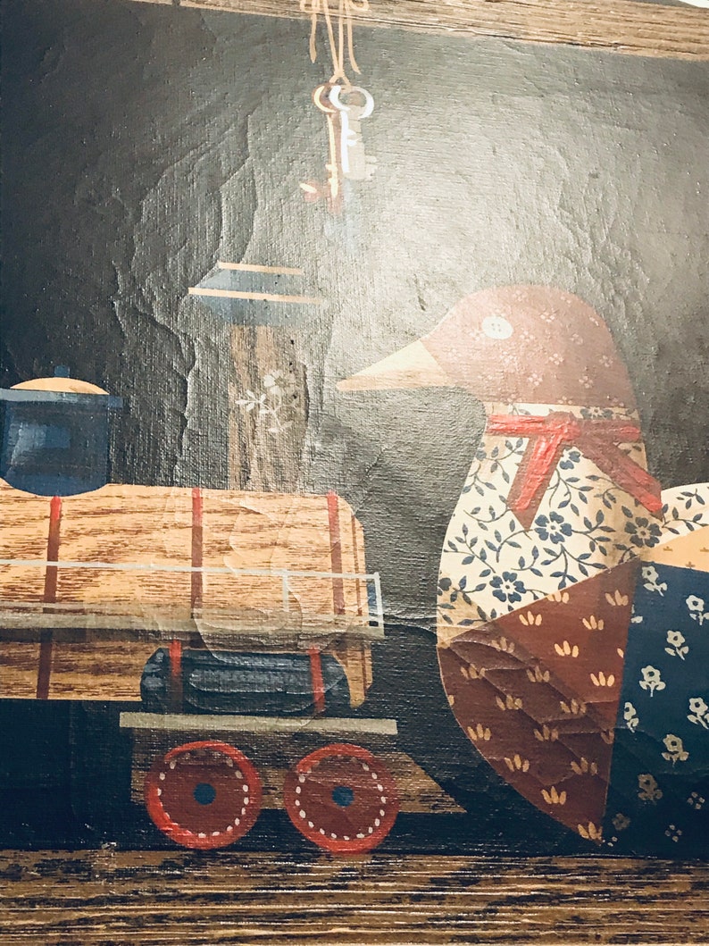 Vintage Huntington Signed Oil Painting Americana Folk Art Country Farmhouse Decor Duck Cottage Rustic Cabin Birds Train Ducks Primitive Styl image 10