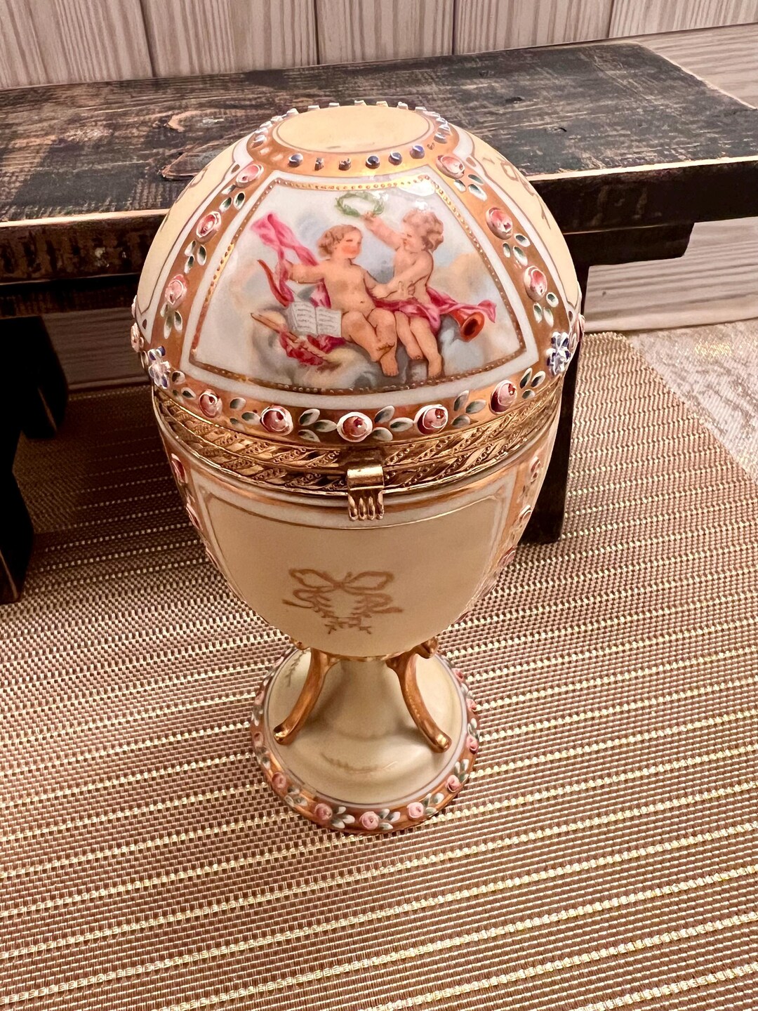 Vintage Porcelain Egg Trinket Box With Handpainted Flowers Cherubs