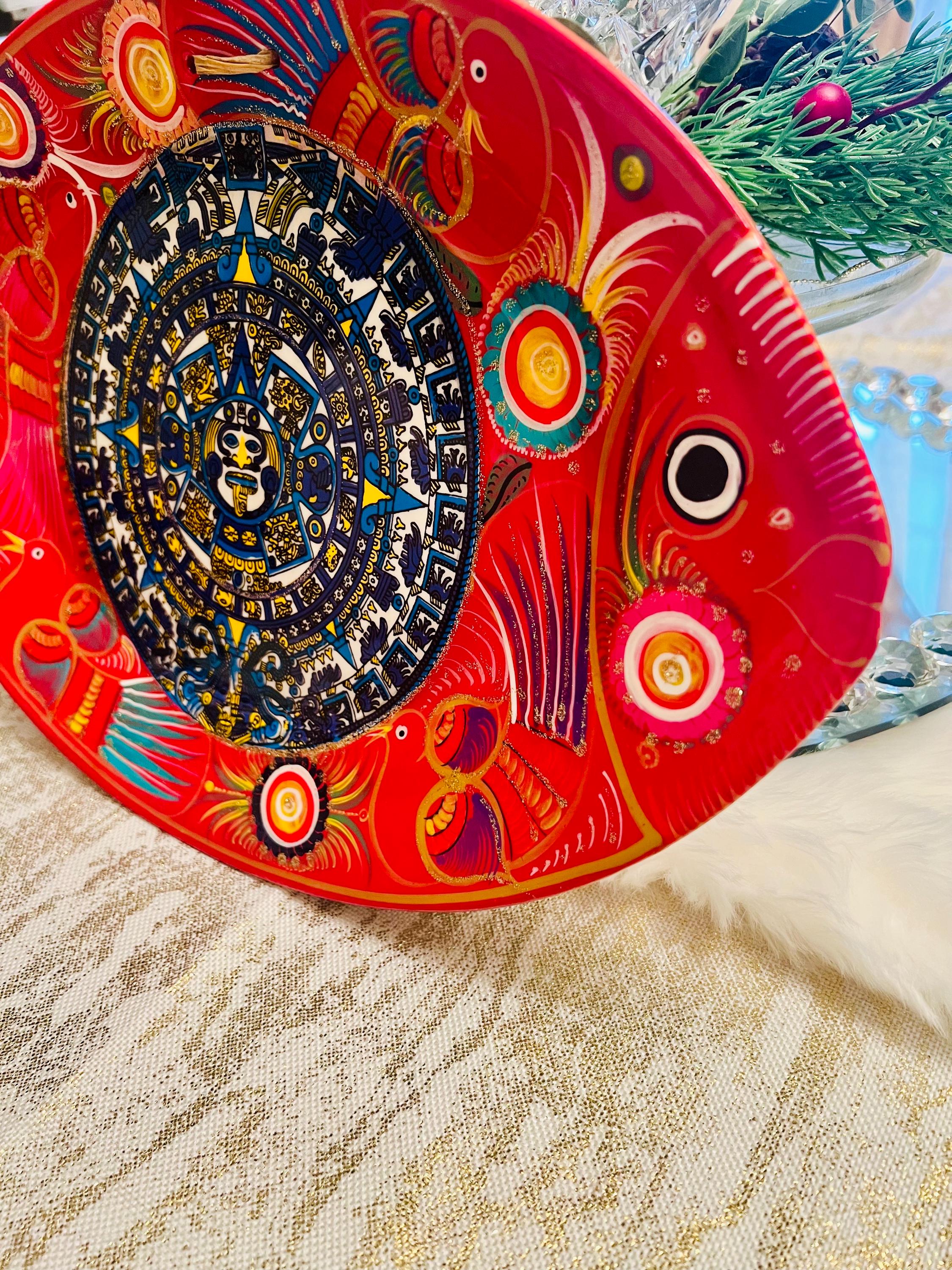 Aztec Runes Fish Mexican Folk Art Fish With Hand Painted Birds and Myan Aztec Symbolism ...
