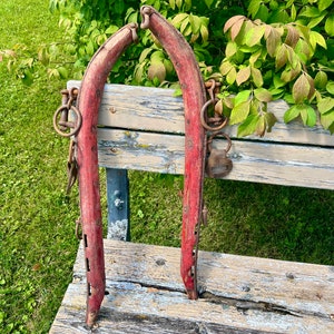 1800s Antique Horse Mule Yoke Harness Hames Collar Original Barn Red Paint Wood Cast Iron Rusty Primitives  Farmhouse Decor Wall Hangings