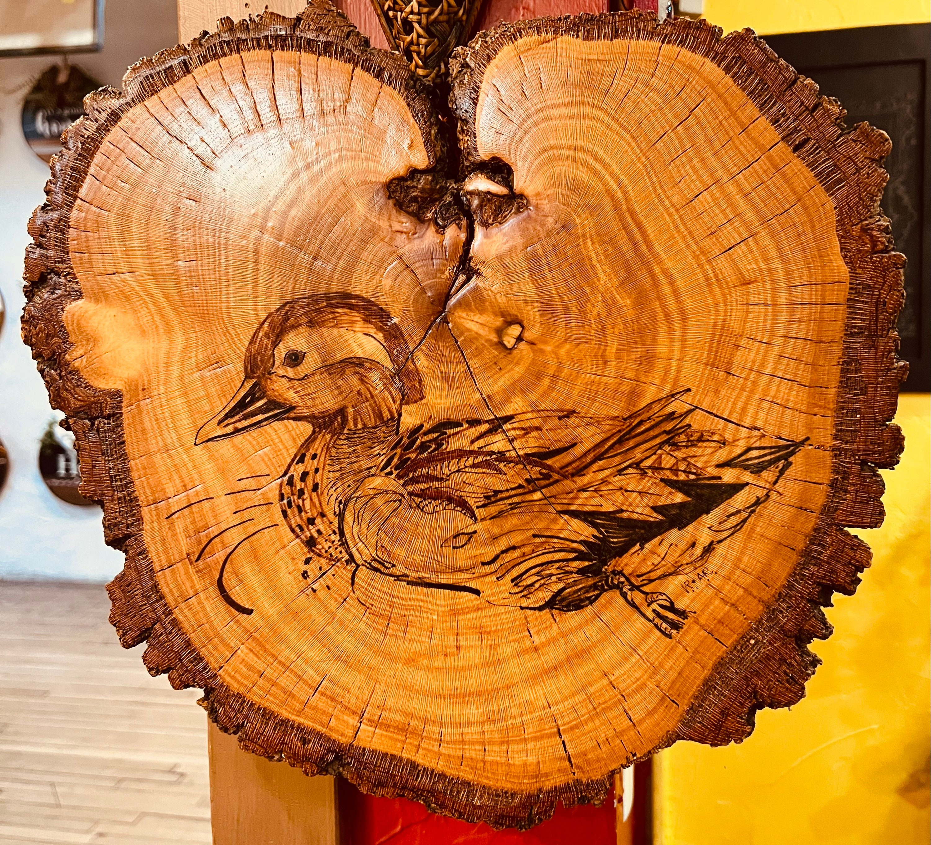 Common Duck イラスト 木製ボード　絵 Duck Art Log Slice Slab Waterfowl Lodge Cabin Wall Decor Rustic