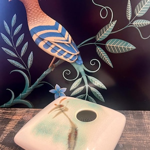 Ikebana Pottery Pillow Vase with Metal Flower Frog Handpainted and Signed Floral Design With Asian Influence Art Gift Ideas